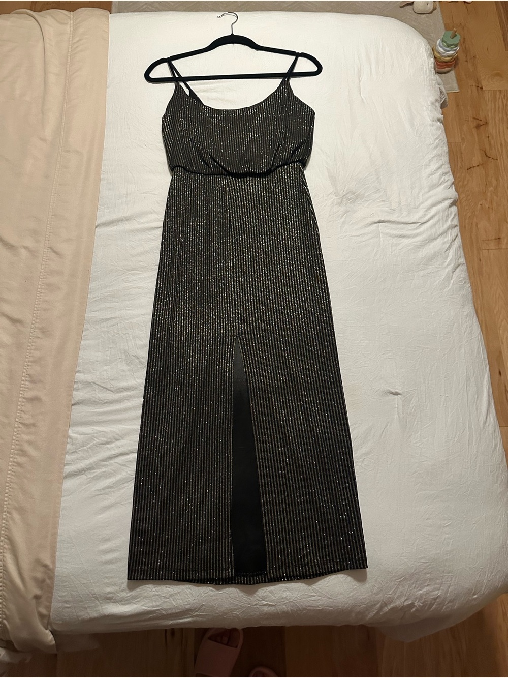 Lush Black Metallic-Striped Spaghetti Strap Maxi Dress